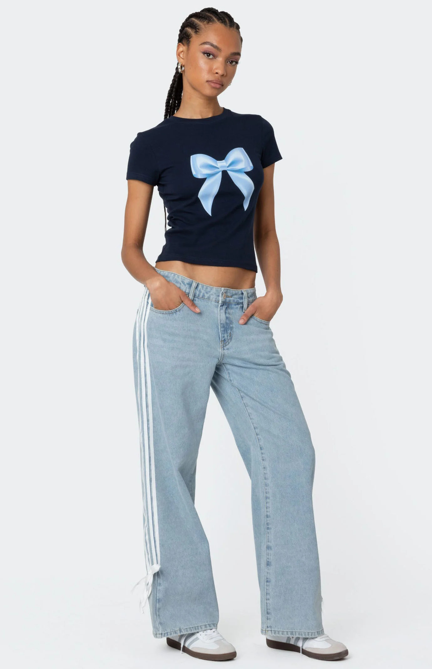 Edikted Women's Washed Low Rise Bow Ribbon Baggy Jeans in Light Blue - Size XL | PacSun