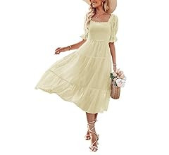 MEROKEETY Women's Summer Square Neck Puff Sleeve Boho Midi Dress Swiss Dot Ruffle Flowy Tie Back ... | Amazon (US)