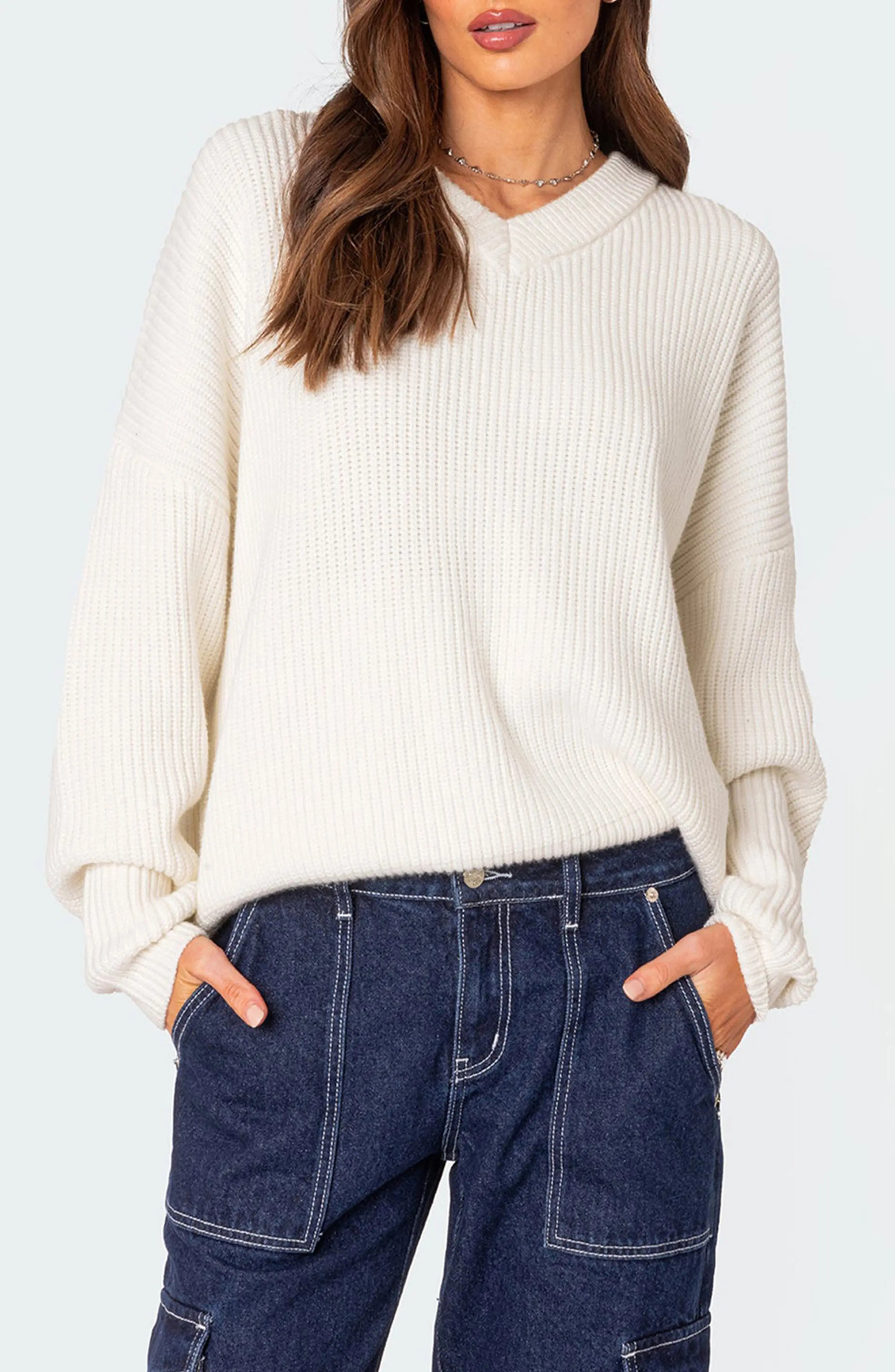 EDIKTED Denny Oversize V-Neck Sweater in White at Nordstrom, Size X-Small | Nordstrom