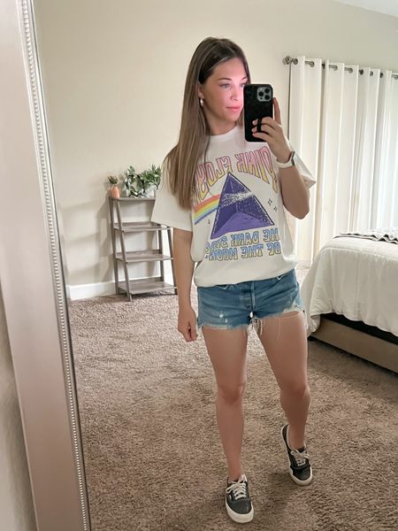 Band tee and denim cutoff shirts / Pink Floyd tee shirt / Levi’s 501 cutoff denim shorts / jean shorts and tee outfit / spring outfit inspo / summer outfit 

#LTKSeasonal #LTKunder100 #LTKunder50