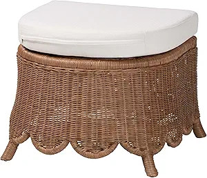 Bali & pari Detta Natural Rattan Footstool with Cushion - Handwoven Wicker Ottoman with Scalloped... | Amazon (US)