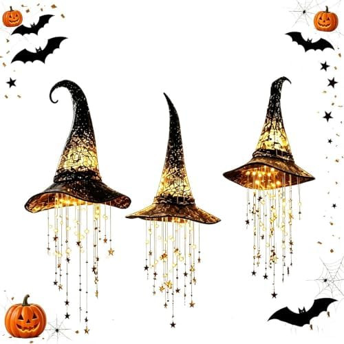 Lighted Witch Hat Hanging Chime, Glowing Star Tassel Witch Hat Decorations (3PC) | Amazon (US)
