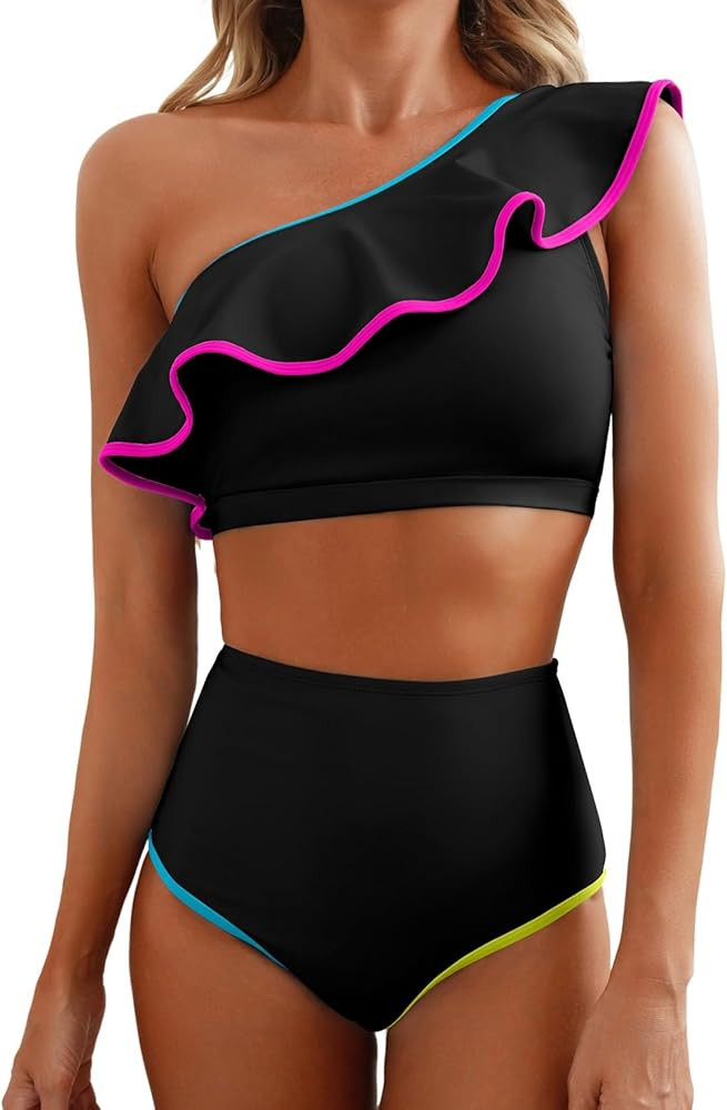 Herseas Women's One Shoulder Bikini Sets Color Block Trim Ruffle Hem Swimsuits Elegant Bathing Su... | Amazon (US)