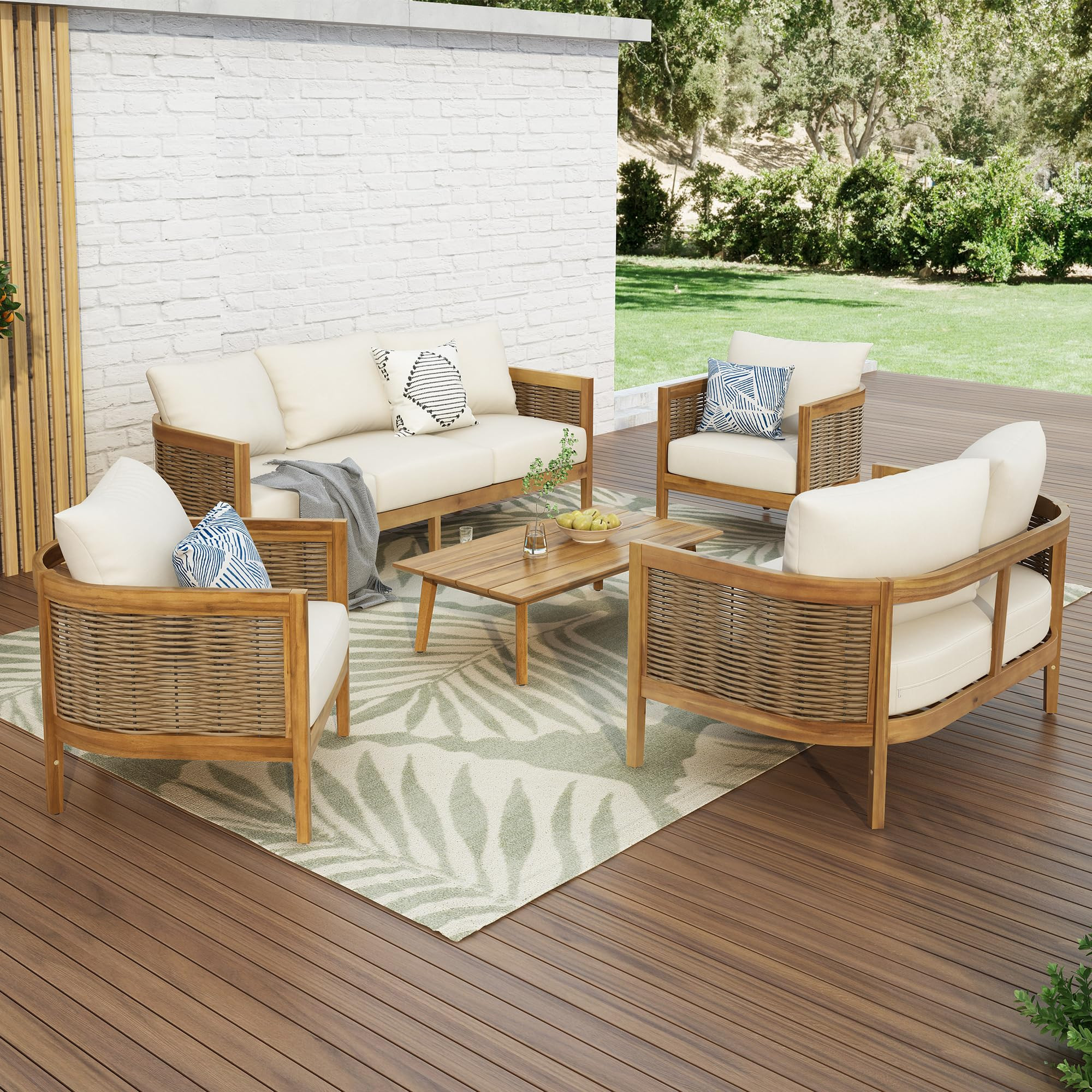 Merax 5-Piece Outdoor Acacia Wood Wicker Conversation Set with 3 Seater Sofa,Loveseat,2 Chairs an... | Amazon (US)