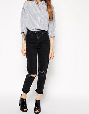 ASOS - Farleigh - Mom jeans slim a vita alta neri slavati con strappi sulle ginocchia | Asos IT