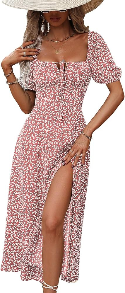 SHENHE Women's Floral Split Thigh Square Neck Puff Short Sleeve Long Boho Dresses | Amazon (US)