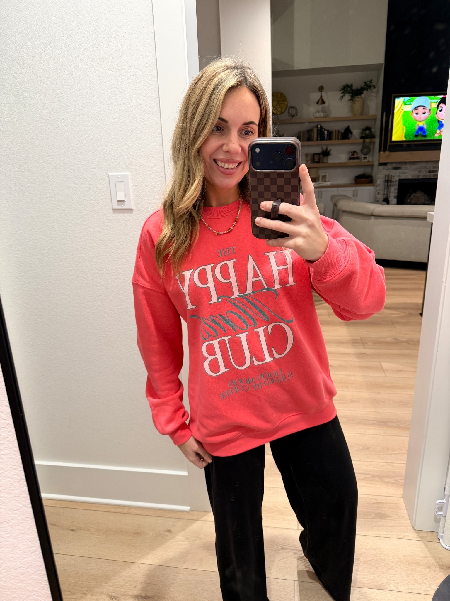 Happy moms club 🩷beautiful bright coral color and so soft. It runs oversized and this is a small! @pinklily pink Lily boutique 

#LTKmomlife #LTKootd