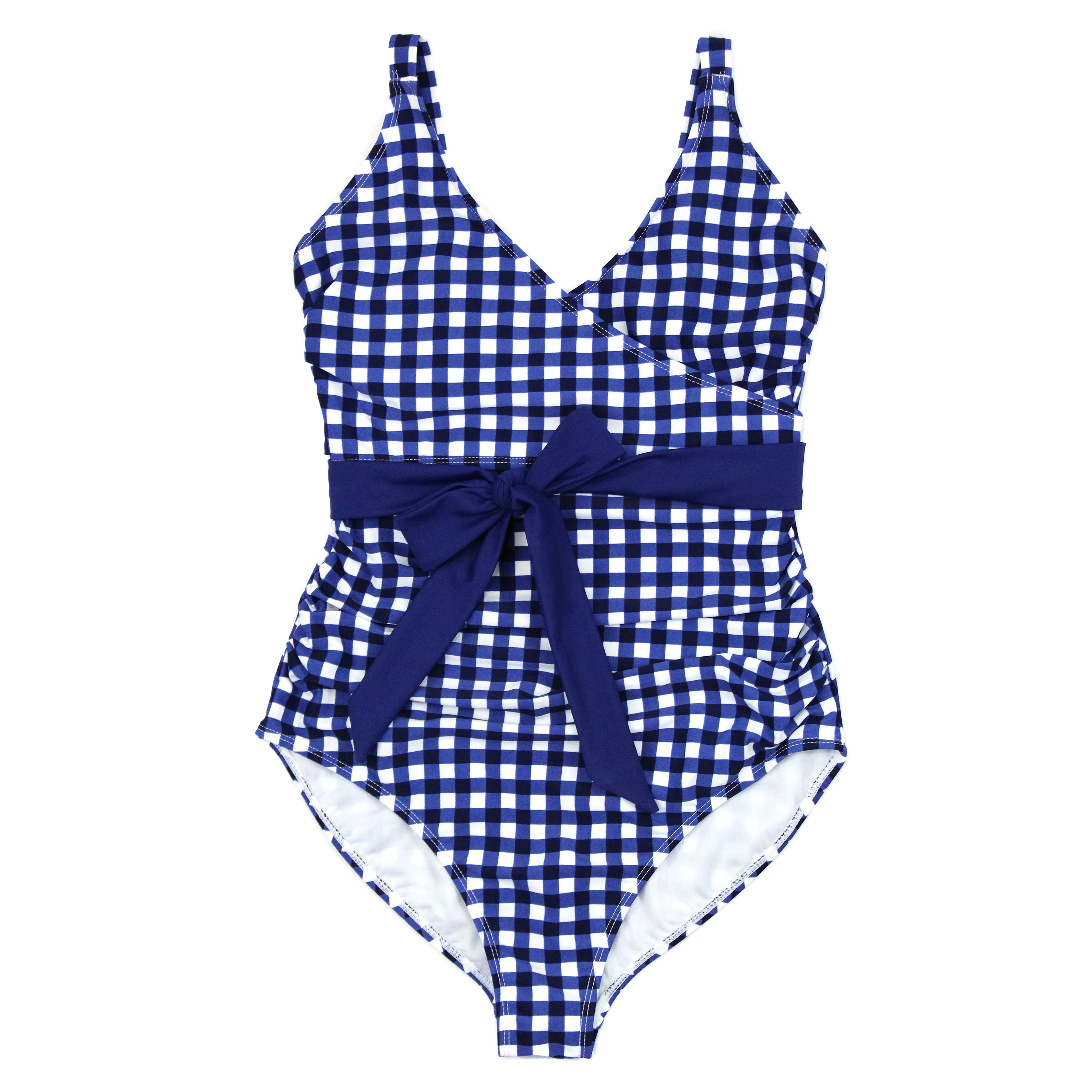 Women's One Piece Wrap Swimsuit - "Navy Gingham" | SwimZip