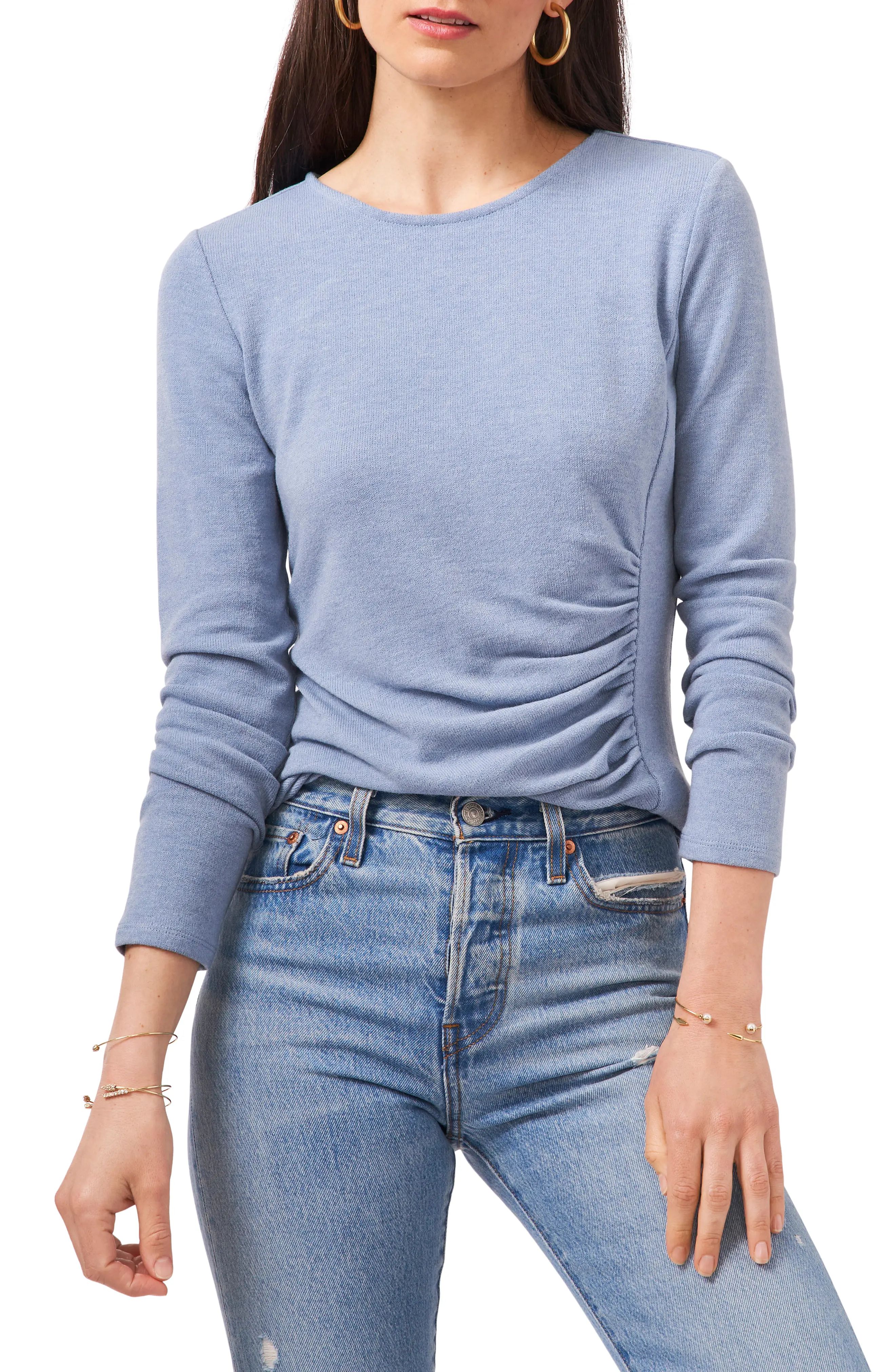 Women's 1.state Ruched Side Seam Long Sleeve Knit Top, Size Medium - Blue | Nordstrom