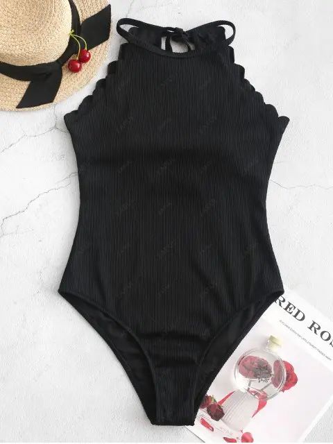ZAFUL Ribbed Tie Scalloped One-piece Swimsuit - Black L | ZAFUL (Global)