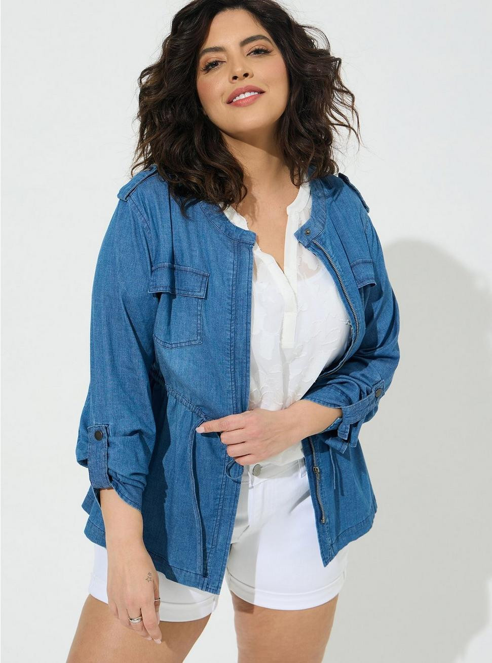 Chambray Tie Waist Utility Jacket | Torrid (US & Canada)