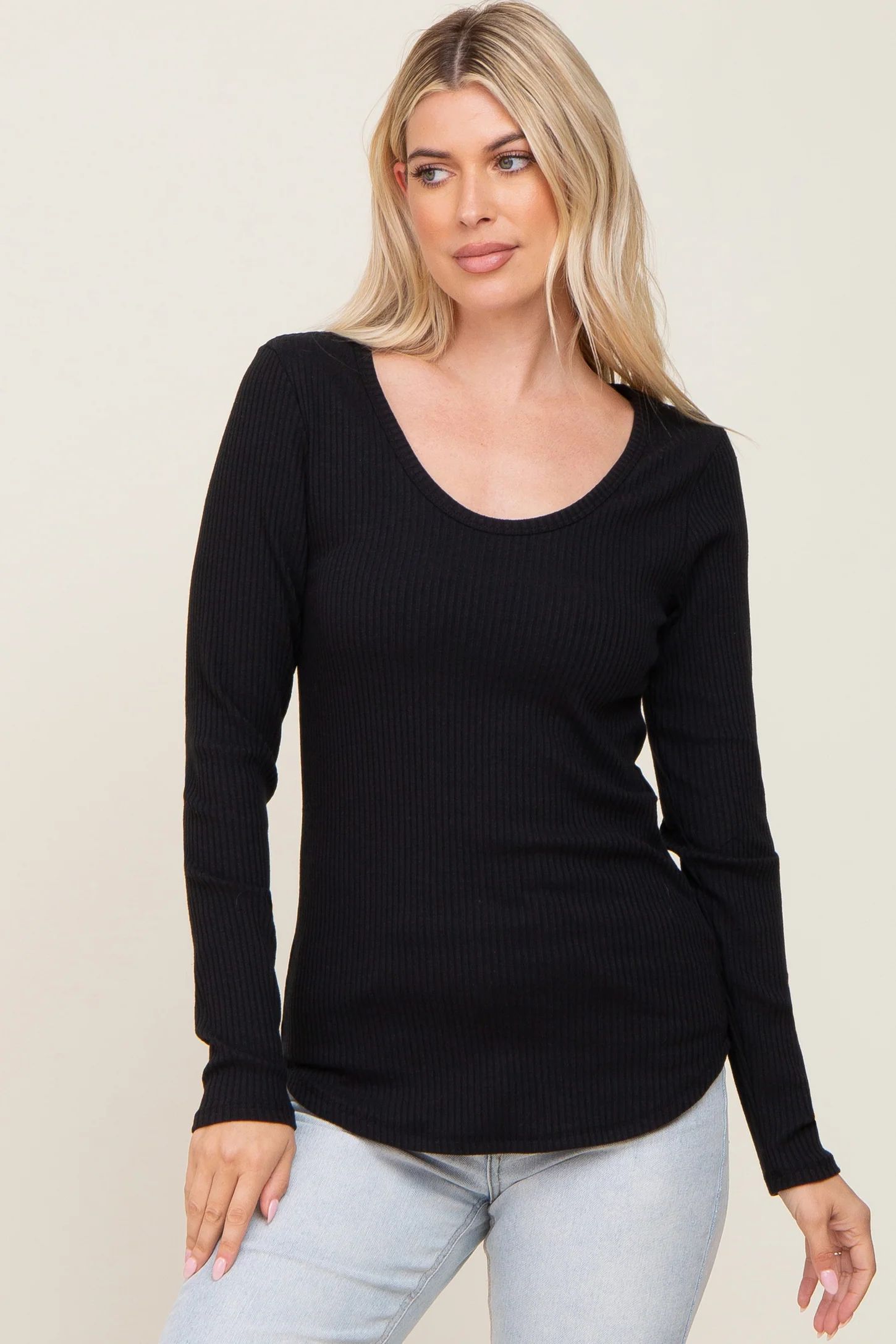 Black Ribbed Scoop Neck Long Sleeve Maternity Top | PinkBlush Maternity