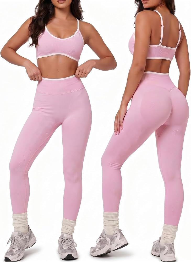 Coume Women Workout Set 2 Piece Color Block Seamless Outfit Sport Bra Top Lifting Butt Gym Yoga L... | Amazon (US)
