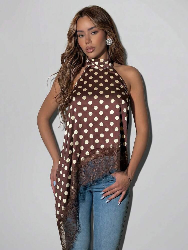 SHEIN ICON Women's Summer Elegant Polka Dot Print Lace Patchwork Backless Halter Top | SHEIN