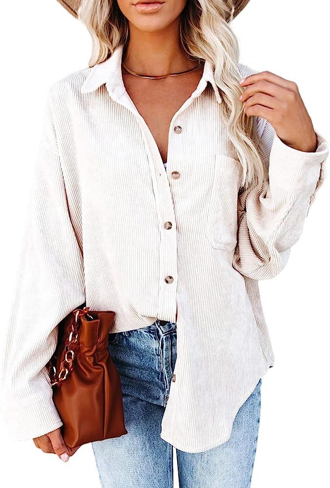 Astylish Womens Corduroy Shirts Casual Long Sleeve Button Down Blouses Tops | Amazon (US)