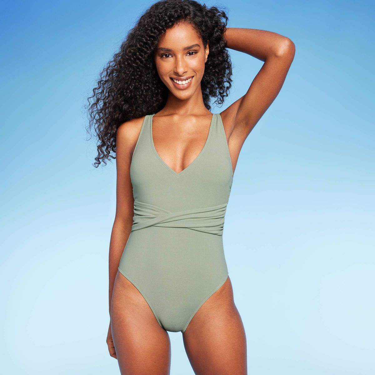 Women's Ribbed Plunge Twist-Front One Piece Swimsuit - Shade & Shore™ Green M | Target
