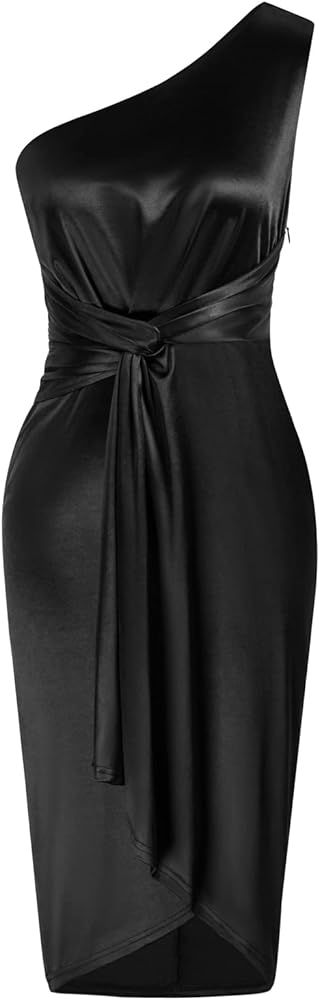 GRACE KARIN Women's One Shoulder Ruched Bodycon Satin Dress Wrap Asymmetrical Knotted Cocktail Party | Amazon (US)