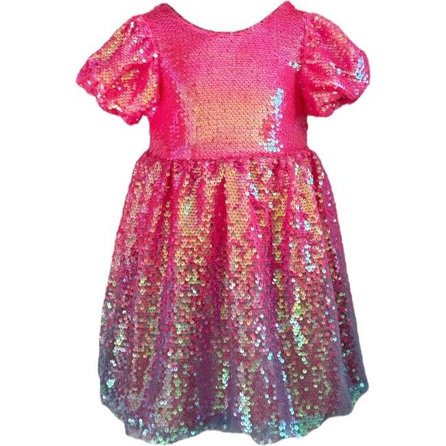 Bubble Gum Short Puff Sleeve Shimmer Sequin Dress, Pink | Maisonette