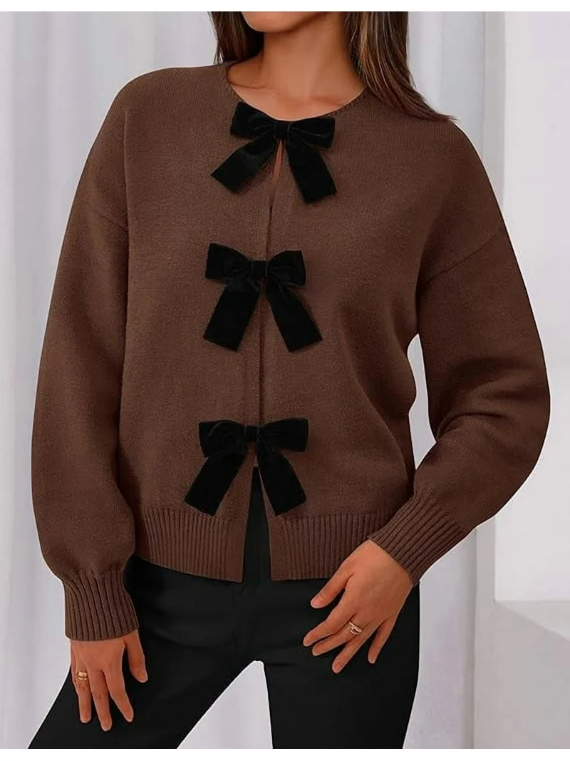PRETTYGARDEN Cardigan Sweaters for Women Fall Bow Tie Front Long Sleeve Knit Sweater Tops Cute Go... | Walmart (US)