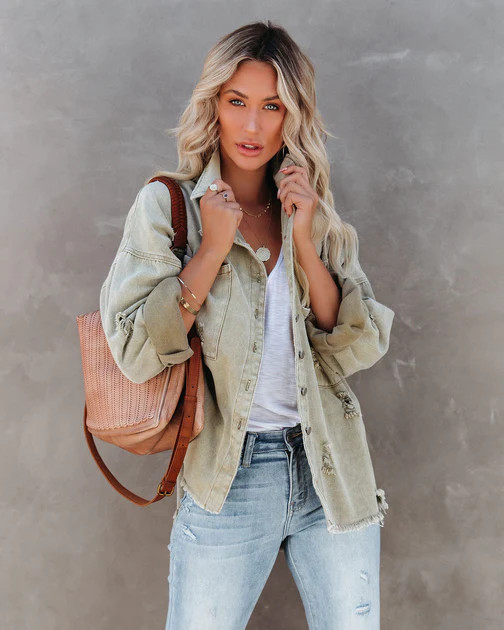 Thinking Out Loud Cotton Distressed Denim Jacket - Sage | VICI