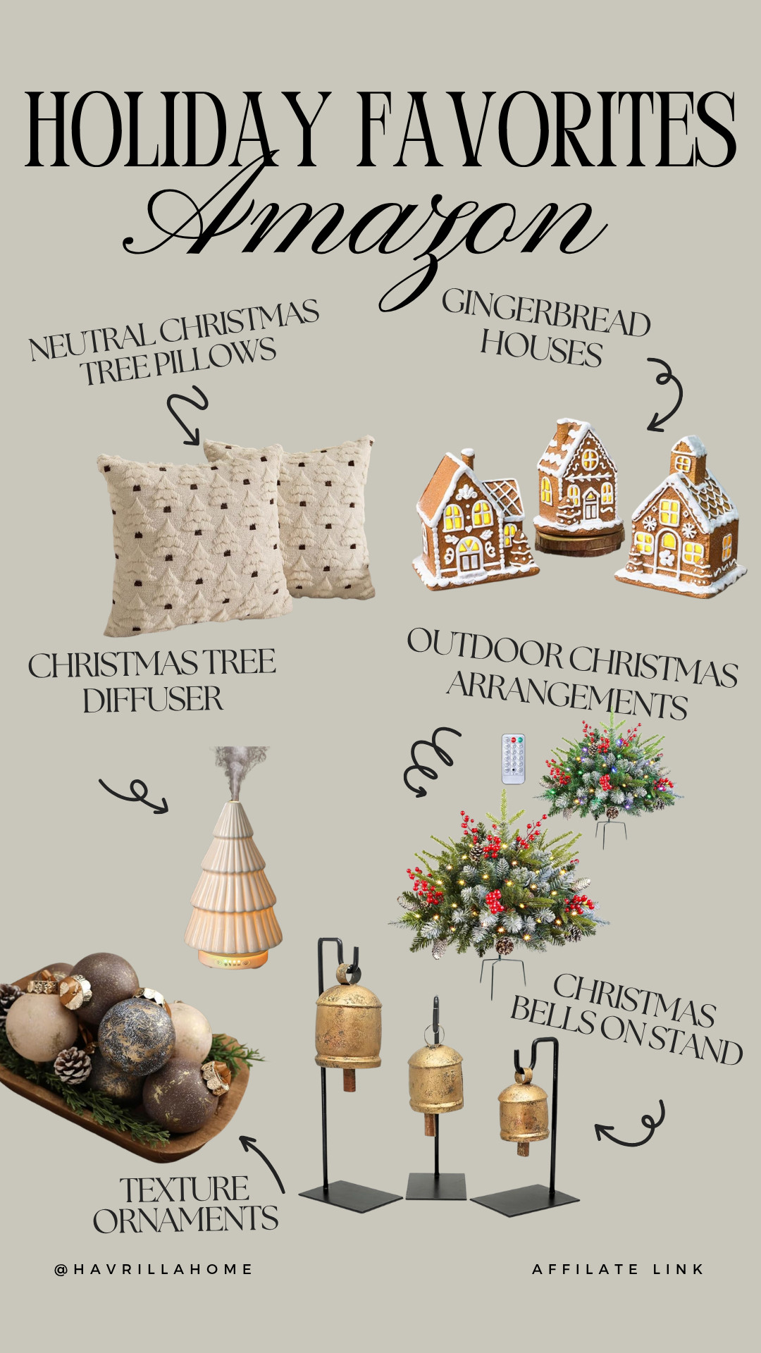 Amazon christmas decor, holiday home decor 2024, gingerbread house decor, neutral christmas decor, textured ornaments amazon, christmas diffuser amazon, outdoor christmas arrangements, classic holiday decor, amazon christmas bells, holiday decorating ideas, cozy christmas home, amazon holiday must haves, farmhouse christmas decor amazon. ollow @havrillahome on Instagram and Pinterest for more home decor inspiration, diy and affordable finds Holiday, christmas decor, home decor, living room, Candles, wreath, faux wreath, walmart, Target new arrivals, winter decor, spring decor, fall finds, studio mcgee x target, hearth and hand, magnolia, holiday decor, dining room decor, living room decor, affordable, affordable home decor, amazon, target, weekend deals, sale, on sale, pottery barn, kirklands, faux florals, rugs, furniture, couches, nightstands, end tables, lamps, art, wall art, etsy, pillows, blankets, bedding, throw pillows, look for less, floor mirror, kids decor, kids rooms, nursery decor, bar stools, counter stools, vase, pottery, budget, budget friendly, coffee table, dining chairs, cane, rattan, wood, white wash, amazon home, arch, bass hardware, vintage, new arrivals, back in stock, washable rug  

 

#LTKCyberWeek #LTKHoliday #LTKSeasonal