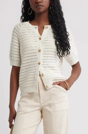 Open Stitch Short Sleeve Cotton Cardigan | Nordstrom