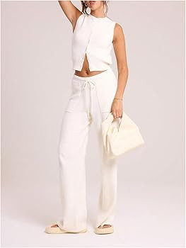 Women's High Waisted Lounge Pants Elastic Waist Tie Front Rib Knit Straight Leg Long Trousers Pan... | Amazon (US)