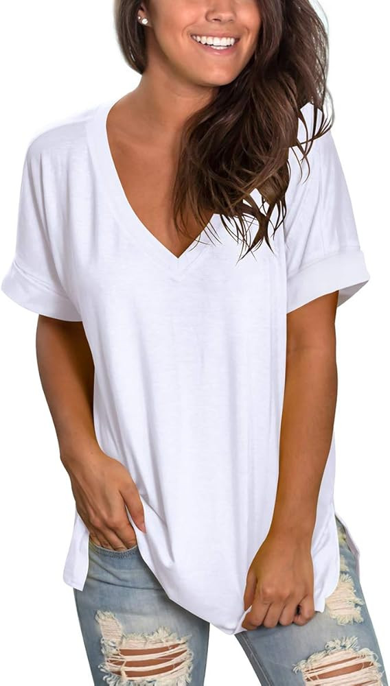 SAMPEEL Women's V Neck T Shirt Rolled Sleeve Side Split Tunic Tops Casual Summer | Amazon (US)