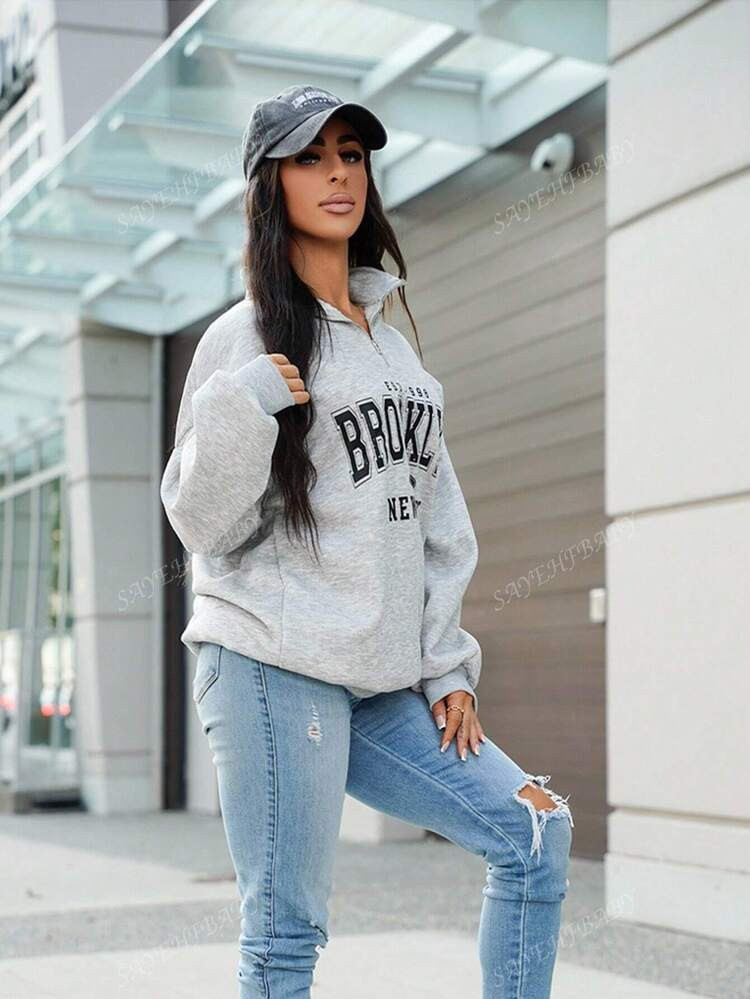 SAYEHFBABY Attitoon Retro American Campus Style Casual Oversized Unisex Women's Loose Half-Zip Hi... | SHEIN