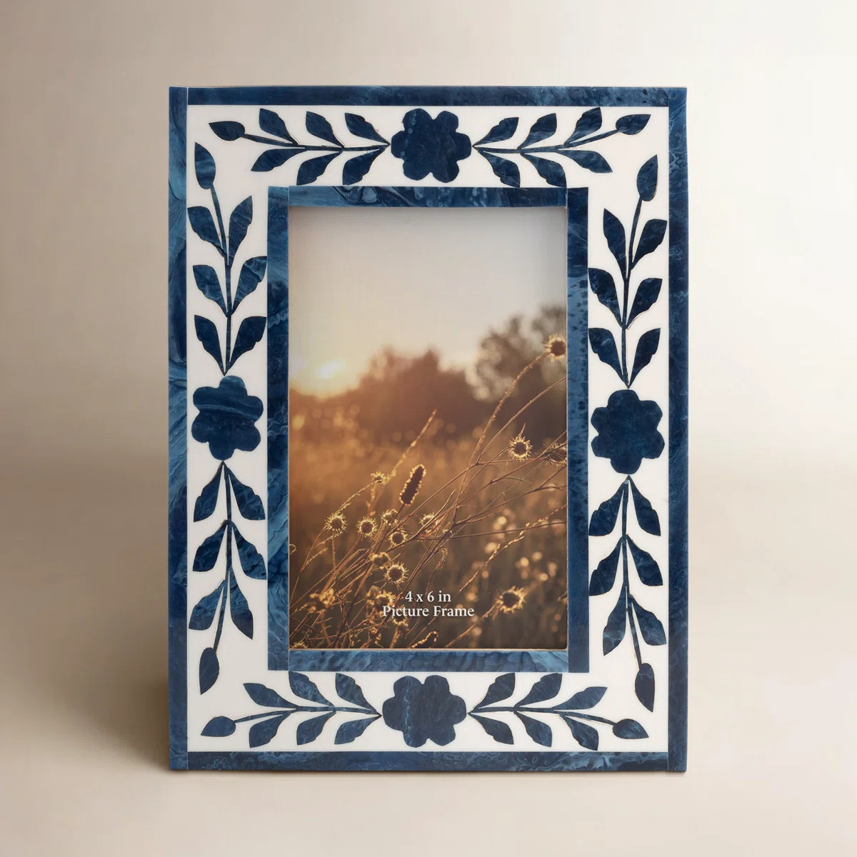 Amma 4" x 6" Picture Frame - Blue and White Floral Petals Polyresin Portrait Holder - Decorative ... | Birch Lane
