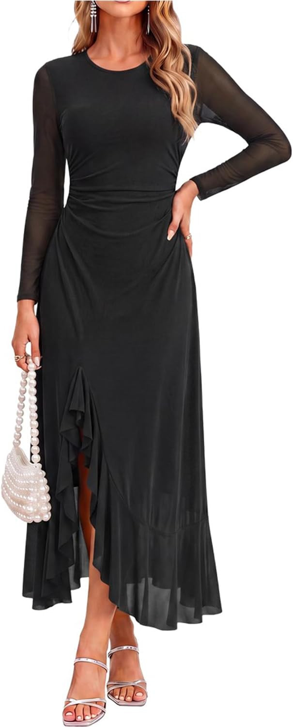GRACE KARIN Women's Fall Wedding Guest Dress Long Sleeve Maxi Mesh Dresses | Amazon (US)