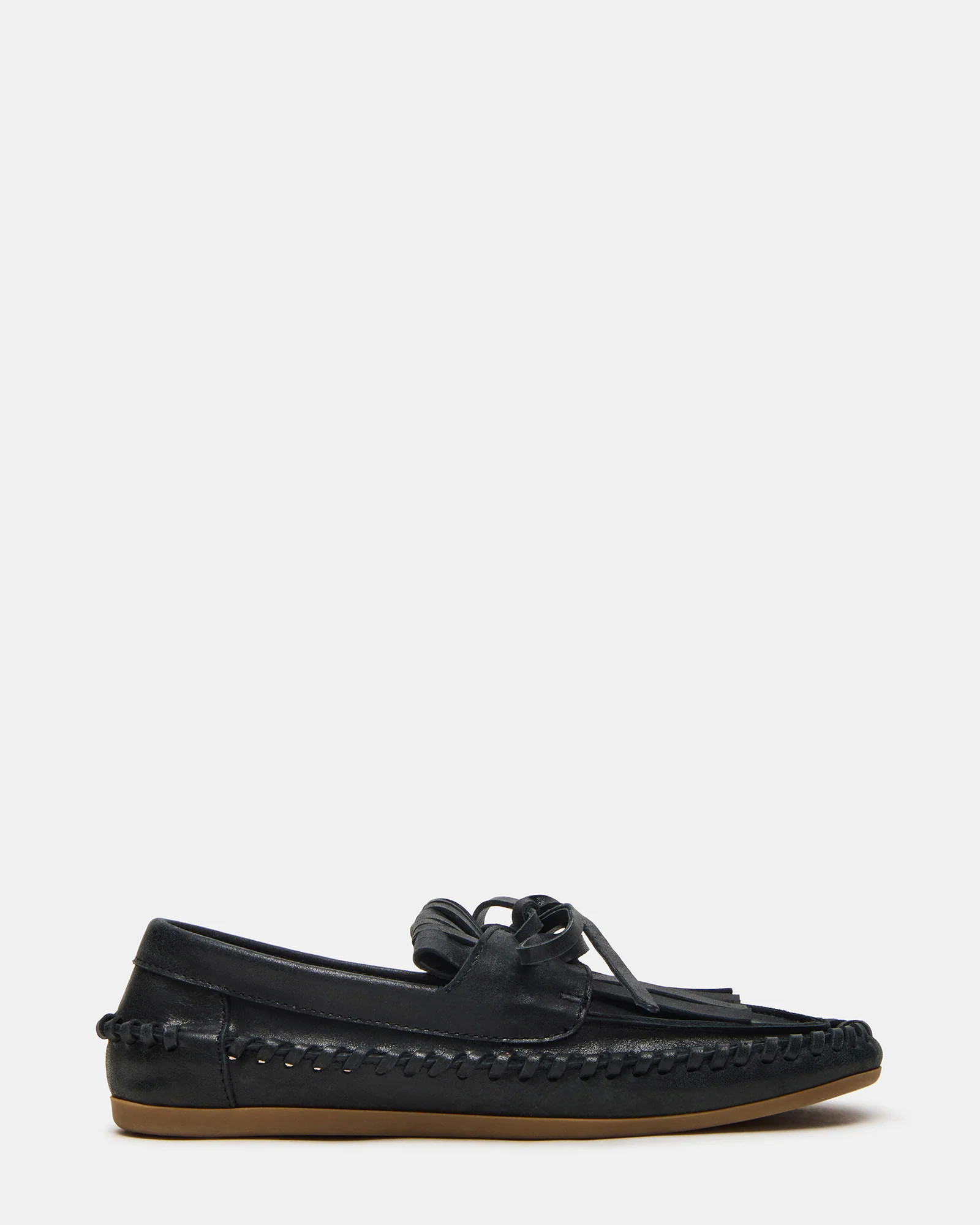 SAMUAL Black Distressed Fringe Boat Women's Loafer | Steve Madden (US)