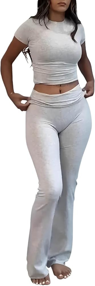 ZFLM Casual Workout Two Piece Outfits for Women Short Sleeve Crop High Waist Foldover Flare Pants... | Amazon (US)