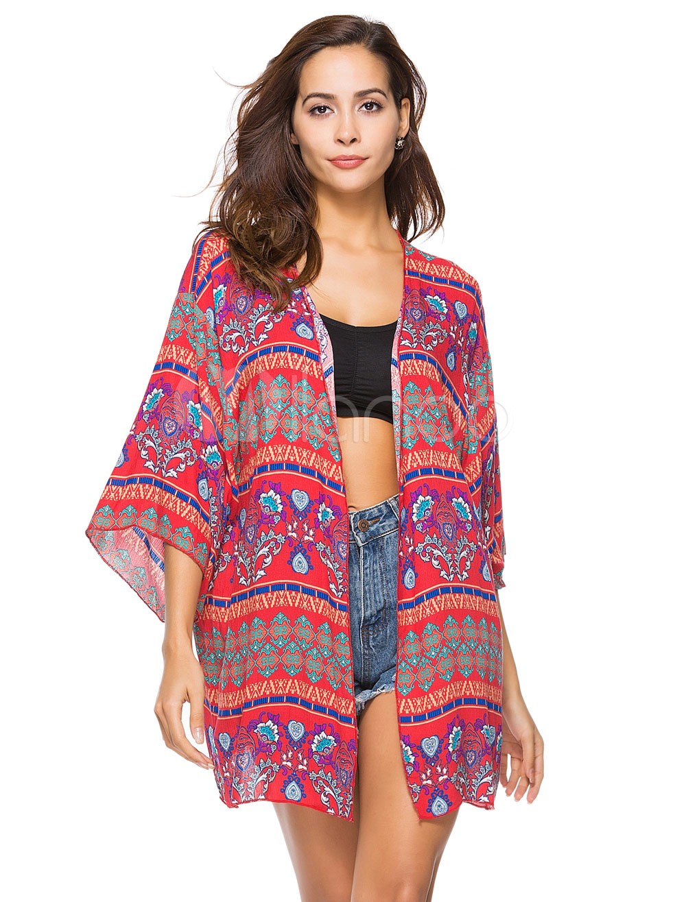 Kimono Cover Ups Boho Printed Red Women Beach Bathing Suit | Milanoo