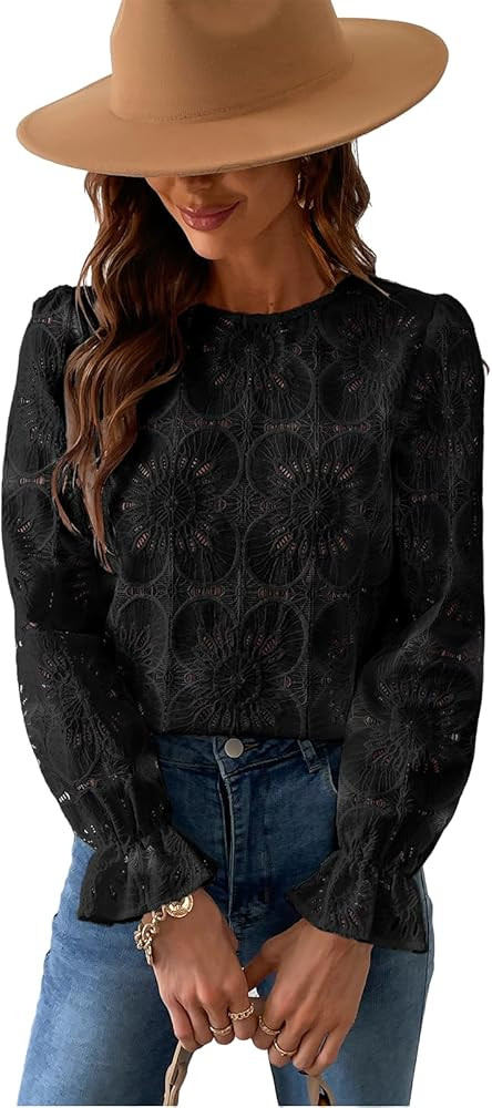 CUPSHE Women Eyelet Long Sleeve Tops Shirts Dressy Hollow Out Crochet Lace Embroidered Blouses 20... | Amazon (US)