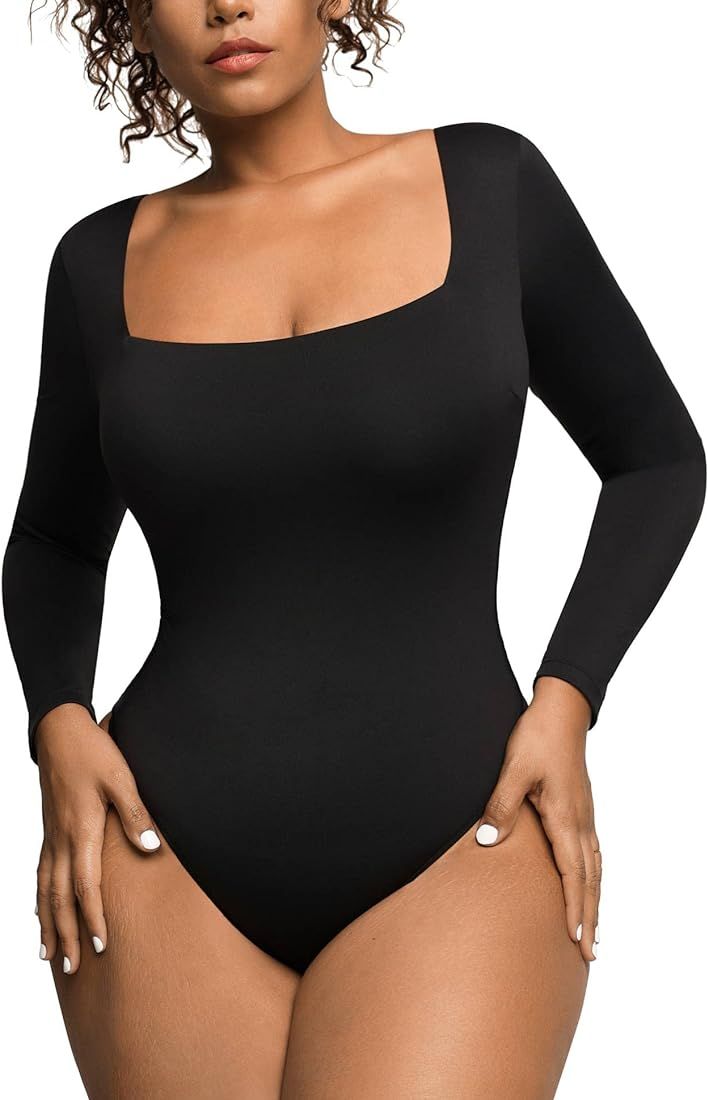 Popilush Bodysuit Tops for Women Square Neck Short/Long Sleeve Double Lined Thong Bodysuit Body-H... | Amazon (US)