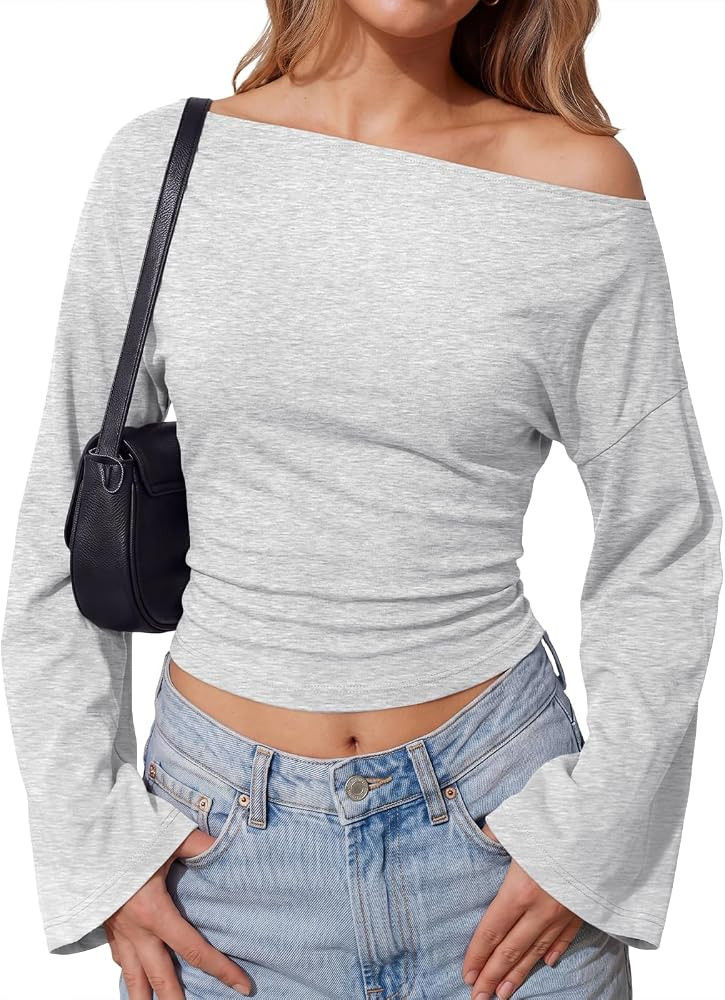 EFAN Womens Off The Shoulder Bell Sleeve Cinched Waist Ruched Tops | Amazon (US)