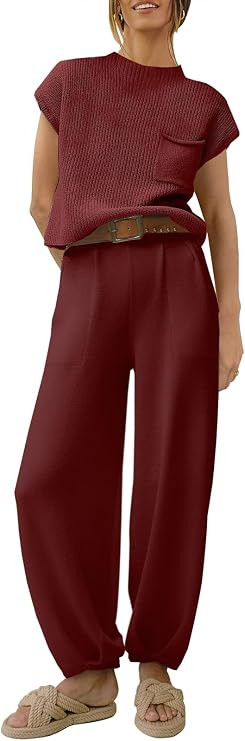 ANRABESS Two Piece Sets for Women Lounge Airport Outfits | Cap Sleeve Crop Sweater Top & Capri Pa... | Amazon (US)