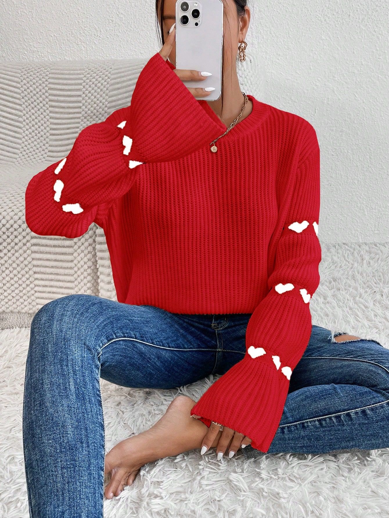 SHEIN Privé Heart Pattern Sweater | SHEIN