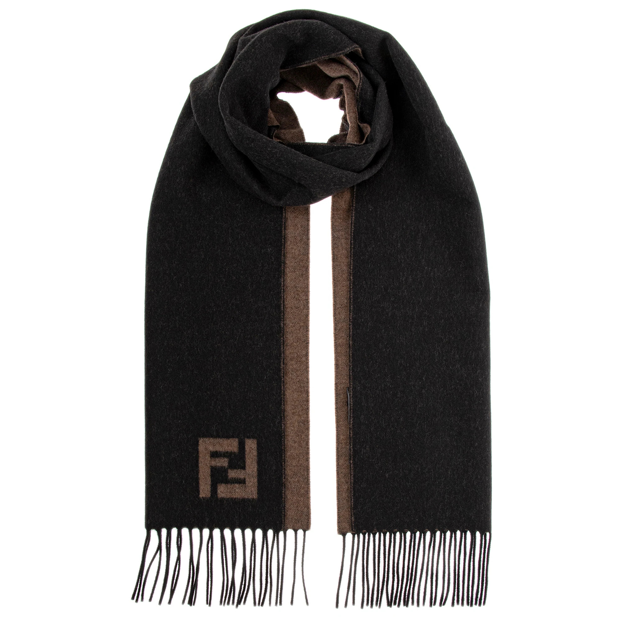 Fendi Double F Scarf in Wool and Cashmere - Black and Sand | Overstock