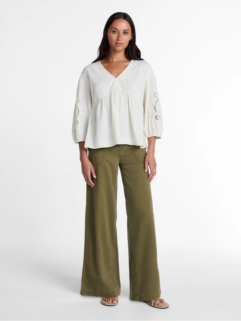 Time and Tru Women's Long Sleeve Poet Sleeve Broderie Anglaise Top, Sizes XS-XXXL | Walmart (US)
