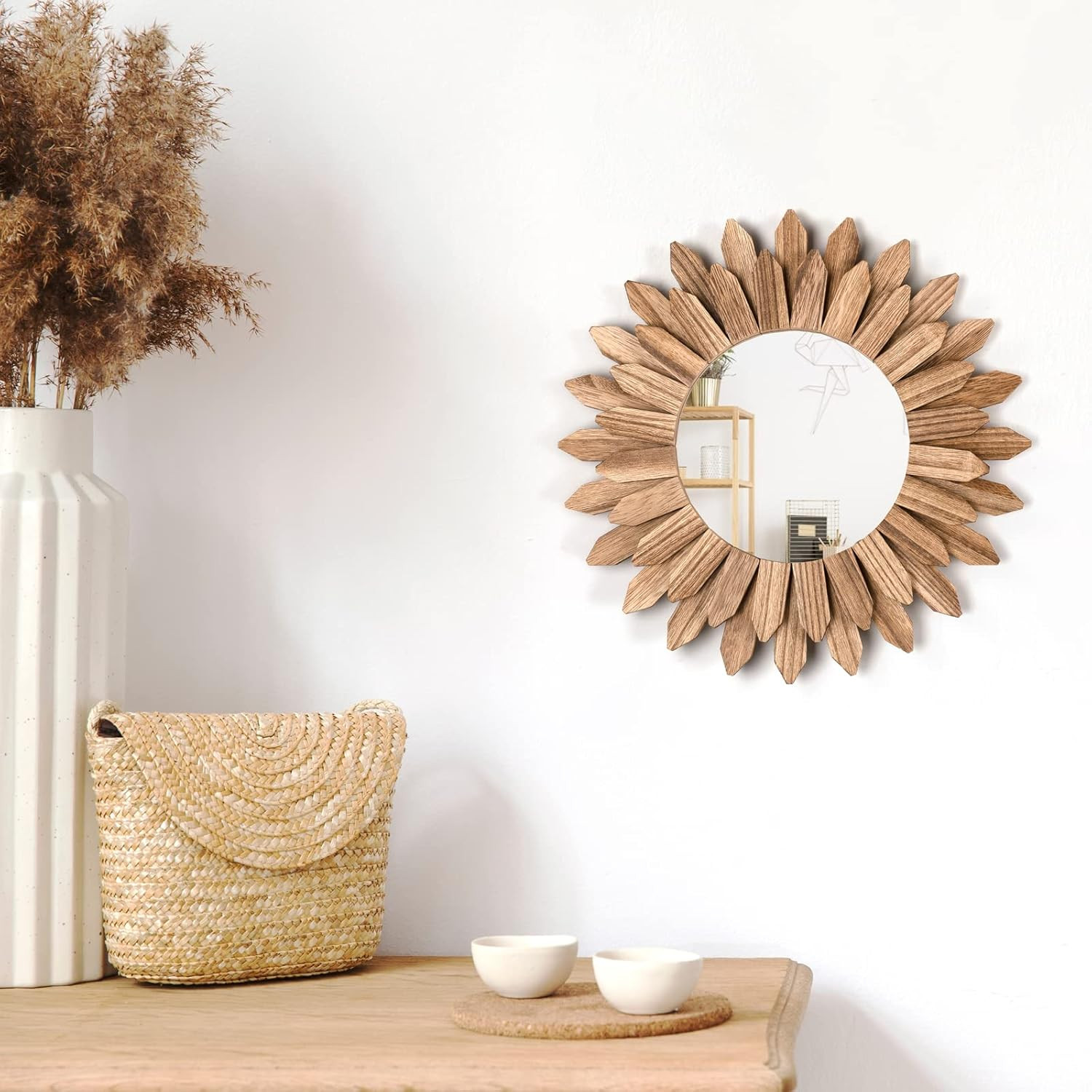 Honiway Wall Mirror Decorative 12 inch Rustic Wood Mirror Sunburst Boho Mirror for Entryway Bedro... | Amazon (US)