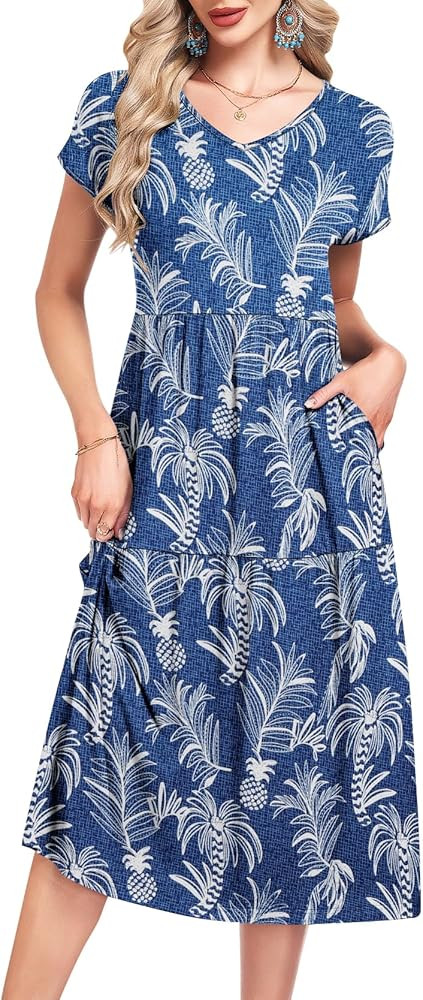 WNEEDU Summer Dresses for Women 2026 Casual V Neck Cap Sleeve Tiered Swing Flowy Midi Dress Beach... | Amazon (US)