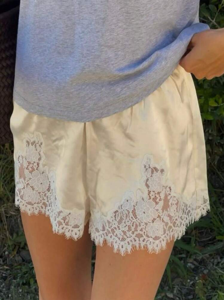 Women Satin Silk Shorts Lace Trim Patchwork Mini Micro Shorts Silky Low Rise Coquette Lounge Slip Bottoms | SHEIN
