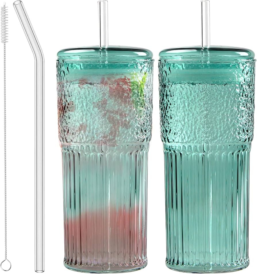 Glass Coffee Cups with Lids and Straws, 20 OZ Green Iced Water Glasses Tumblers for Ice Juice, Te... | Amazon (US)