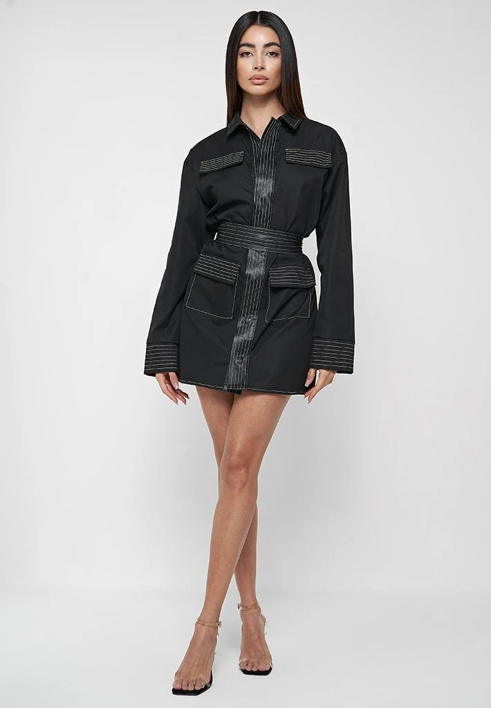 Belted Cargo Shacket Dress - Black | Maniere De Voir