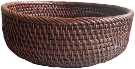 9 Inch Round Rattan Bowl Basket, Handmade Wicker Basket Tray with Scalloped Edge and 3”Deep Wal... | Amazon (US)