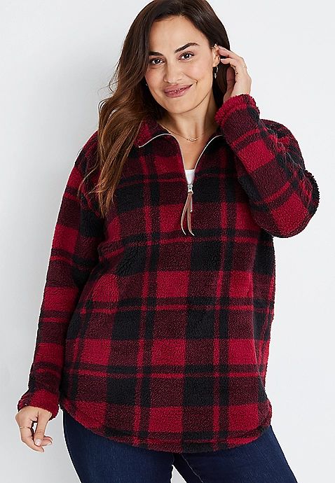 Plus Size Lodge Red Plaid Quarter Zip Sherpa Sweatshirt | Maurices