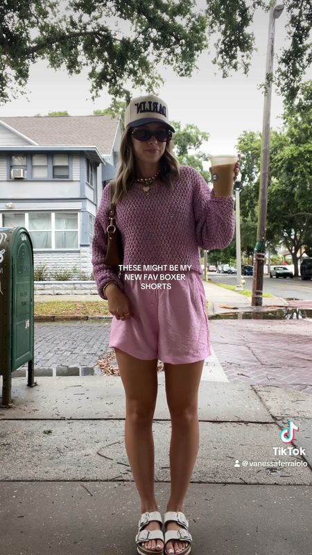 5/15/24 Casual pink outfit of the day 🫶🏼 Casual summer outfits, summer outfit inspo, summer outfit ideas, summer fashion trends, summer fashion 2024, Birkenstock sandals, big buckle Birkenstocks, trucker hat, trucker hat outfit, summer outfits, casual outfit ideas, boxer shorts, boxer shorts outfit, pink boxer shorts

