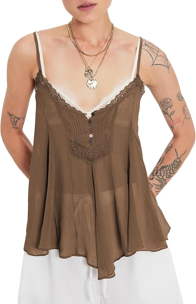 Womens Camisole Tops Adjustable Straps V Neck Sheer Tops Summer Y2K Lace Trim Flowy Going Out Tan... | Amazon (US)